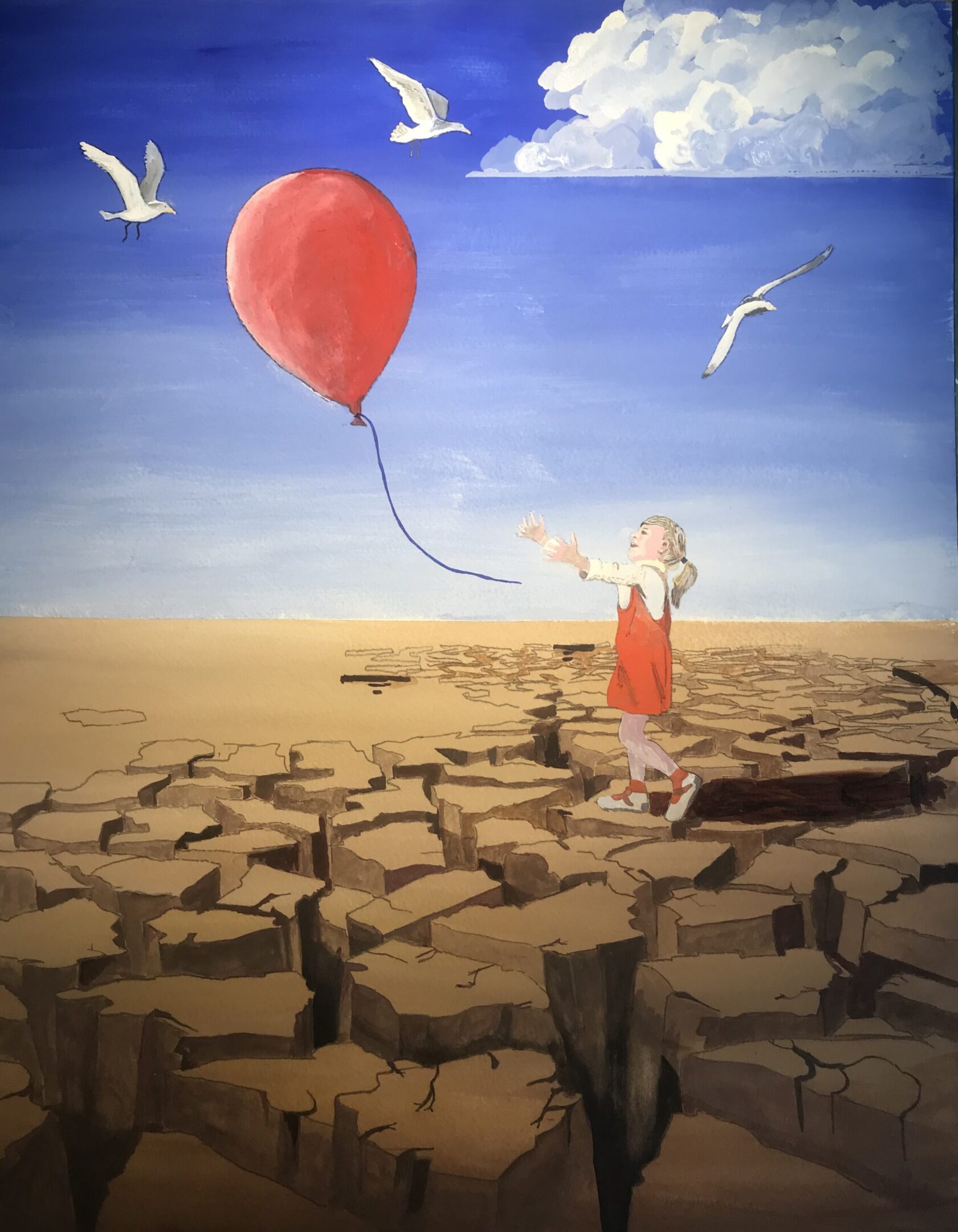 A child in a red dress holding a red balloon on cracked dry ground under a blue sky.