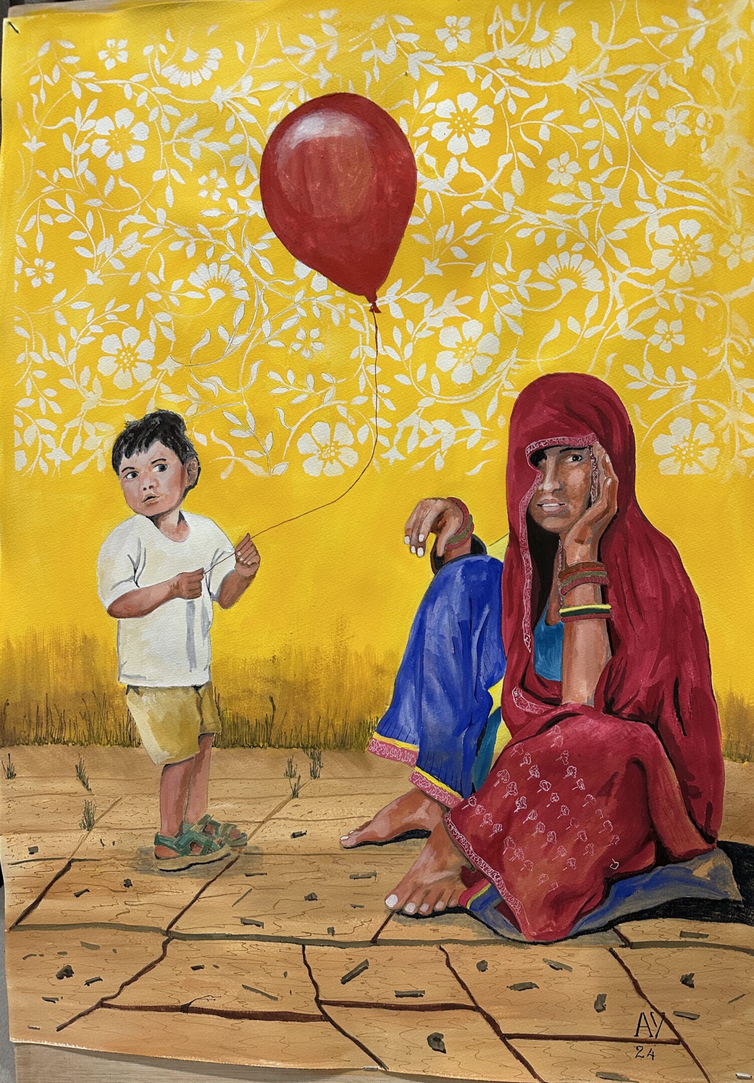 A child holding a red balloon near a seated woman in traditional attire against a yellow floral backdrop.