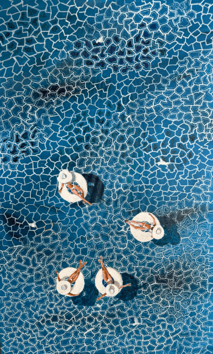 Aerial view of four white birds floating on blue water with ripple patterns.