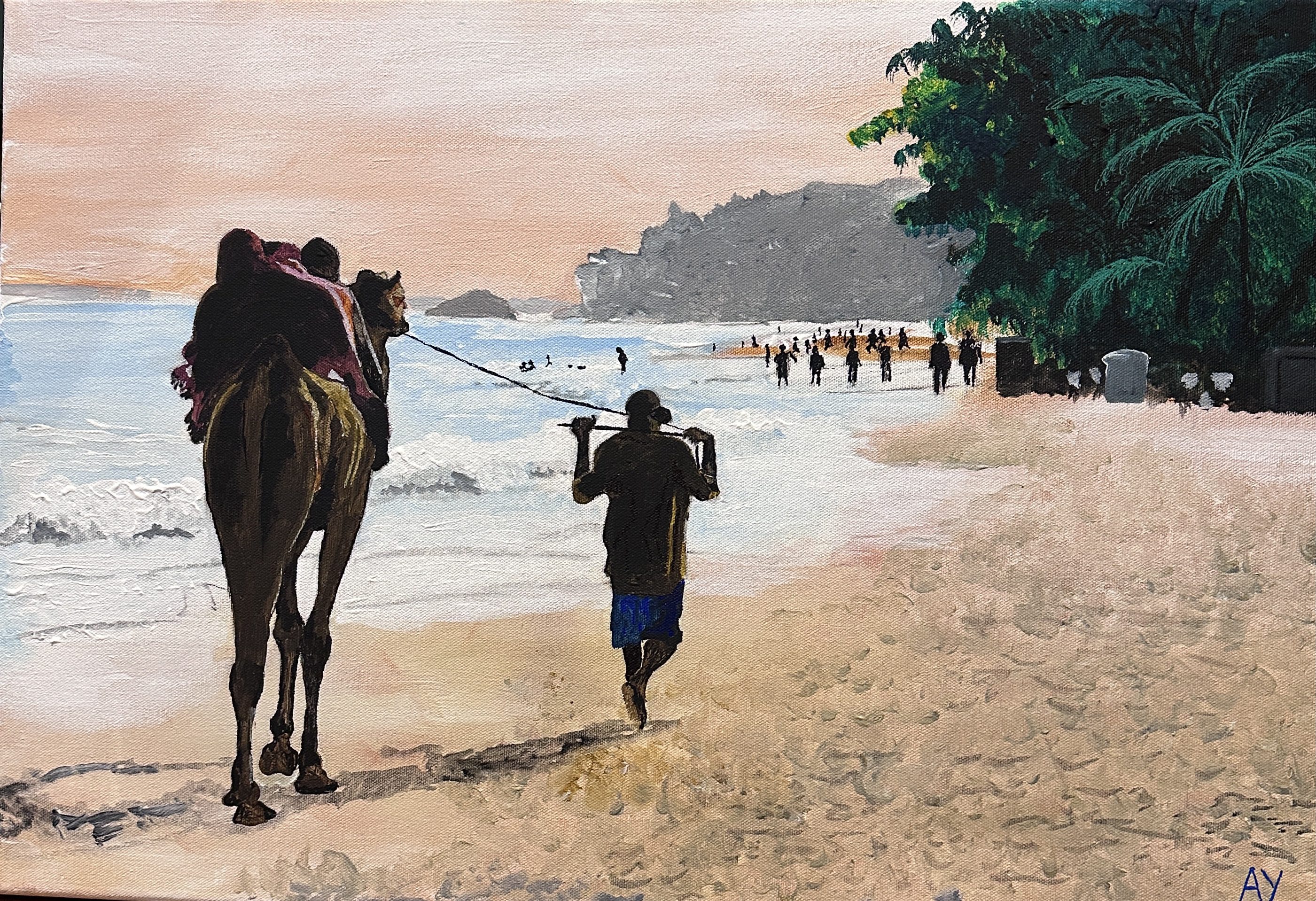A person leading a camel along a beach at sunset.