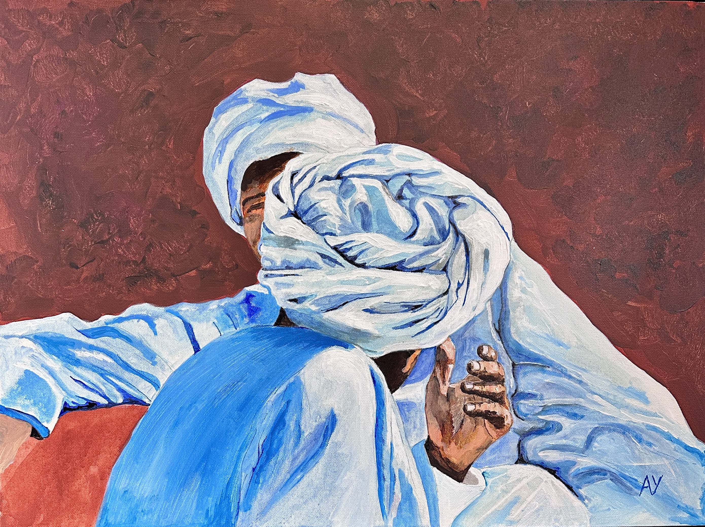 Painting of a person wearing a white turban and blue clothing, turned away from the viewer.