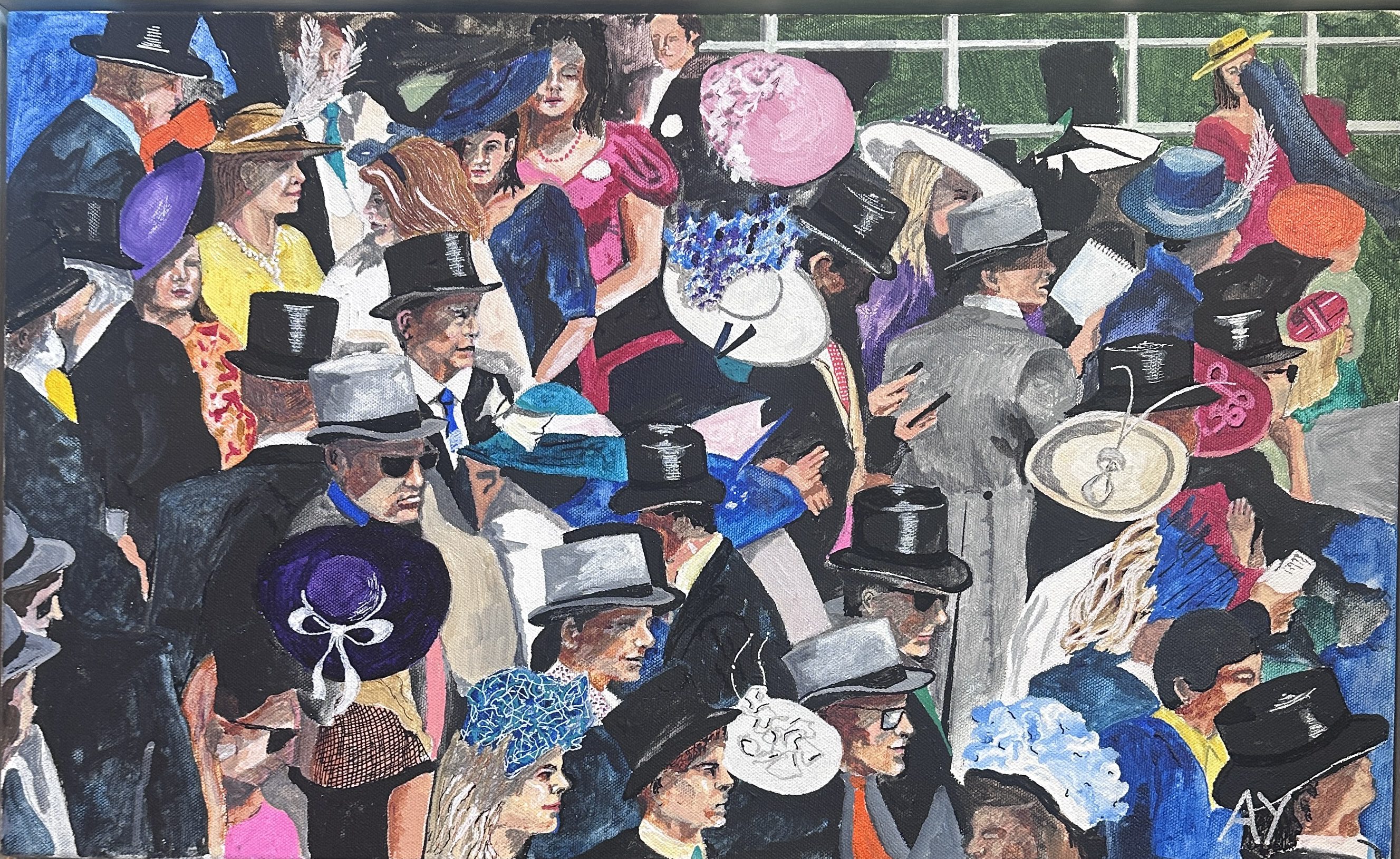 A lively crowd dressed in elegant vintage attire at a social event.
