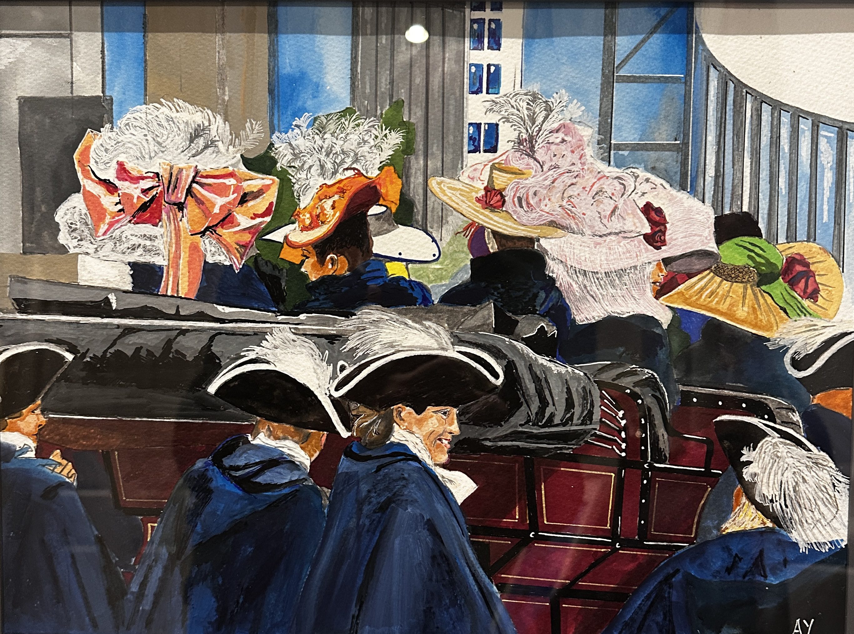 Historical scene with men in tri-corner hats and a carriage in front of a building.