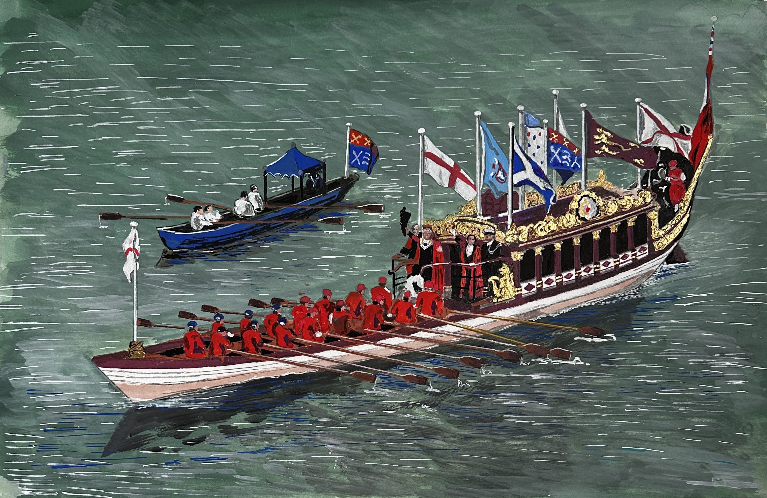 Two ornate boats with rowers, one in red, on water during a ceremonial event.