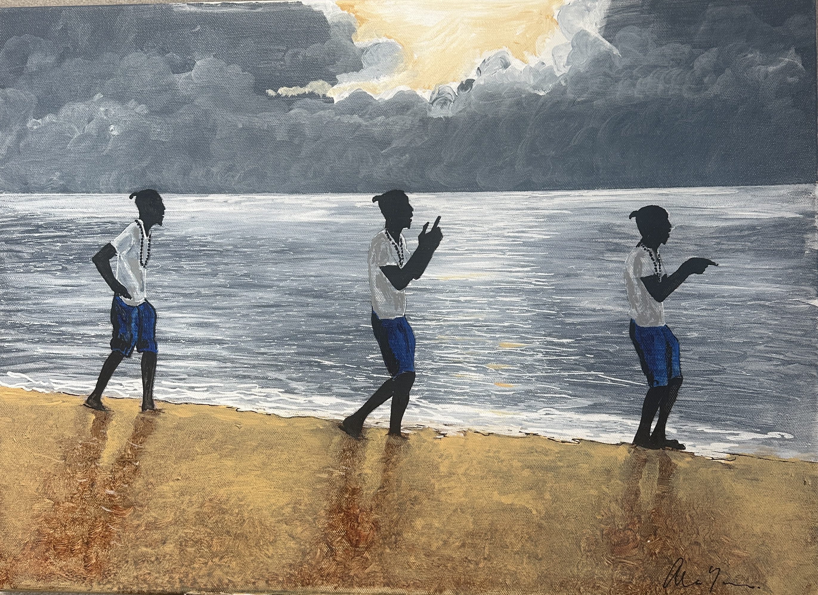 Three boys walking along a beach, playing with a ball.