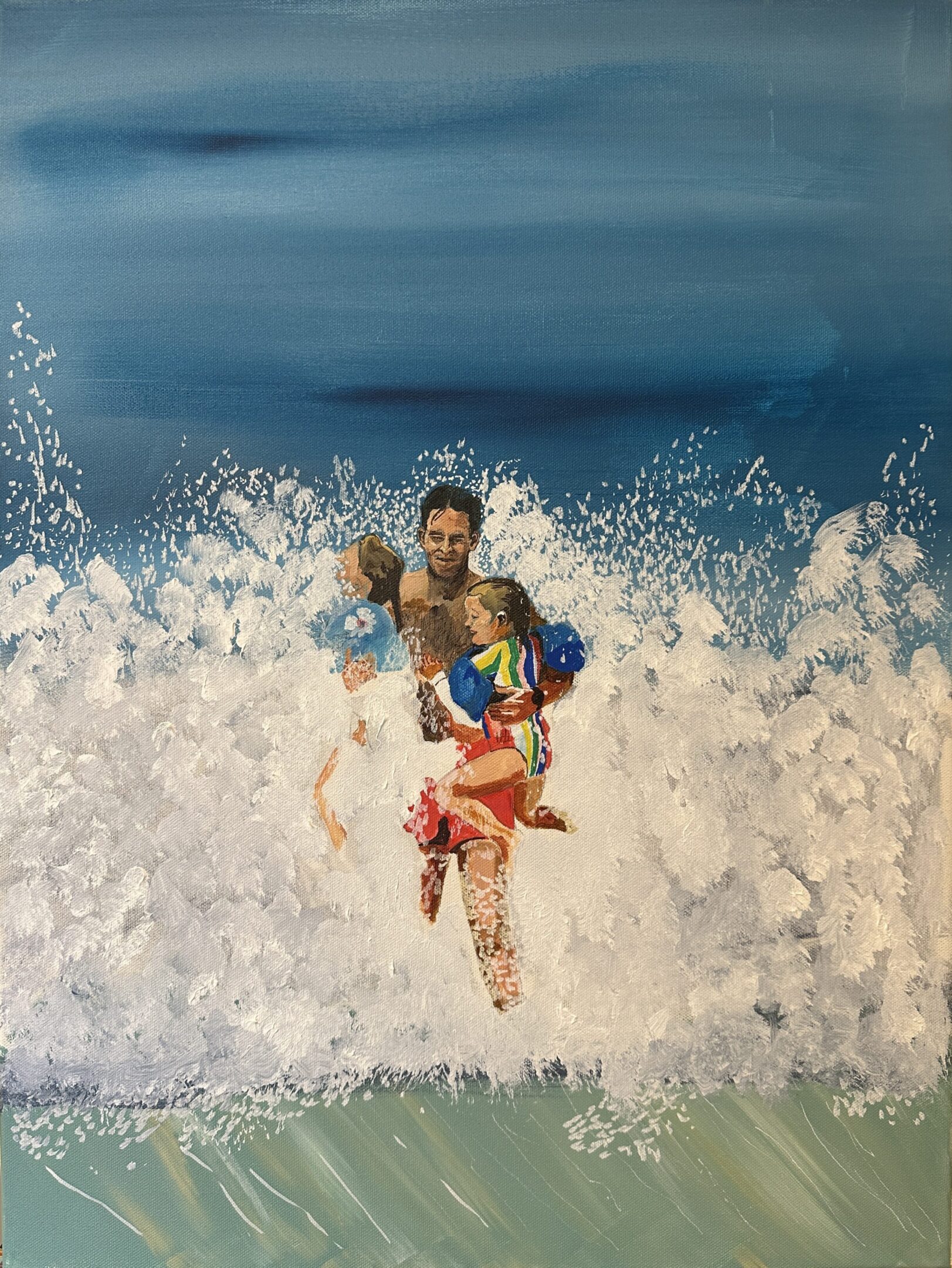 Man carrying two children through splashing ocean waves.