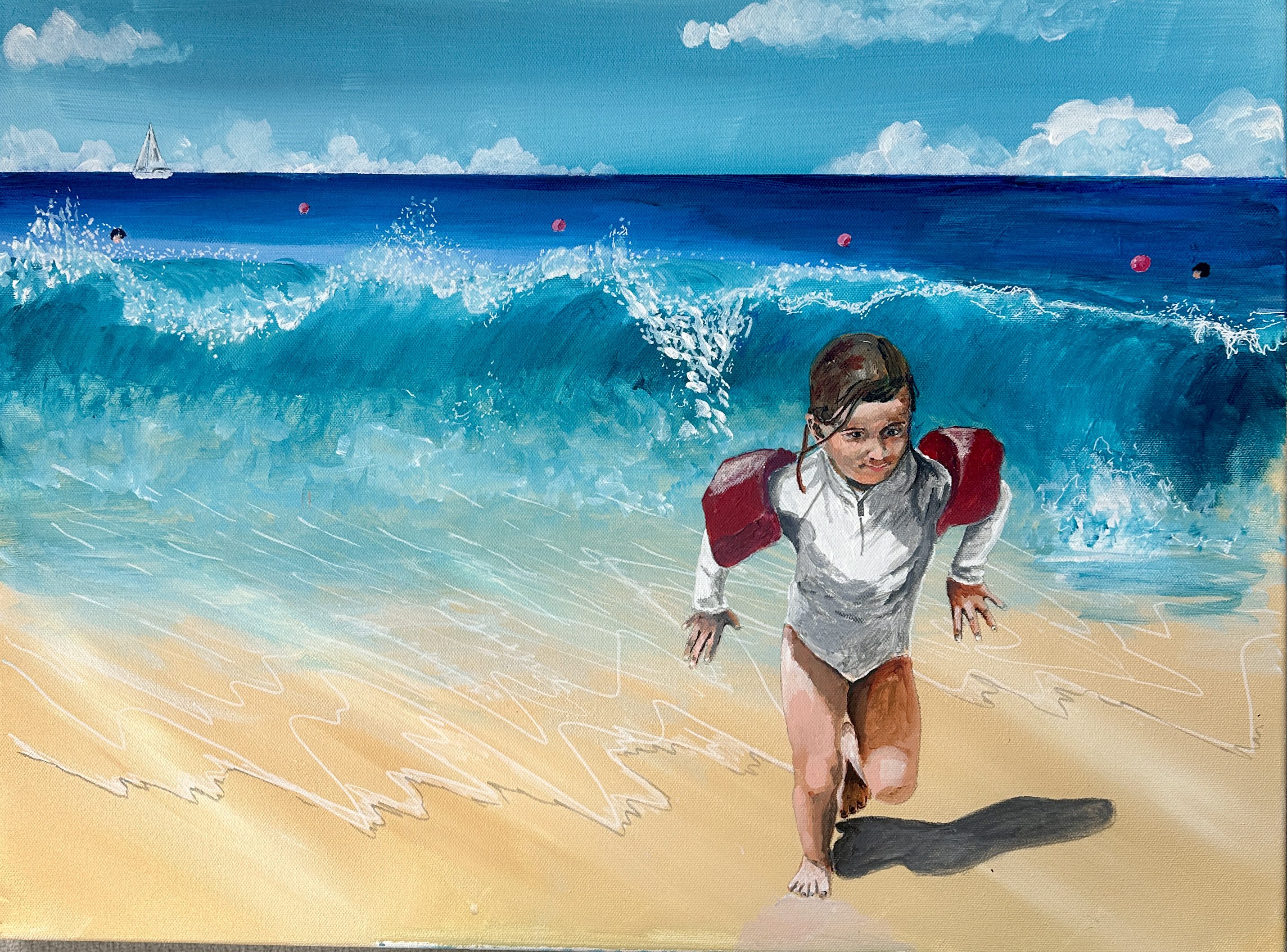 A child joyfully runs on a sunny beach with ocean waves behind.