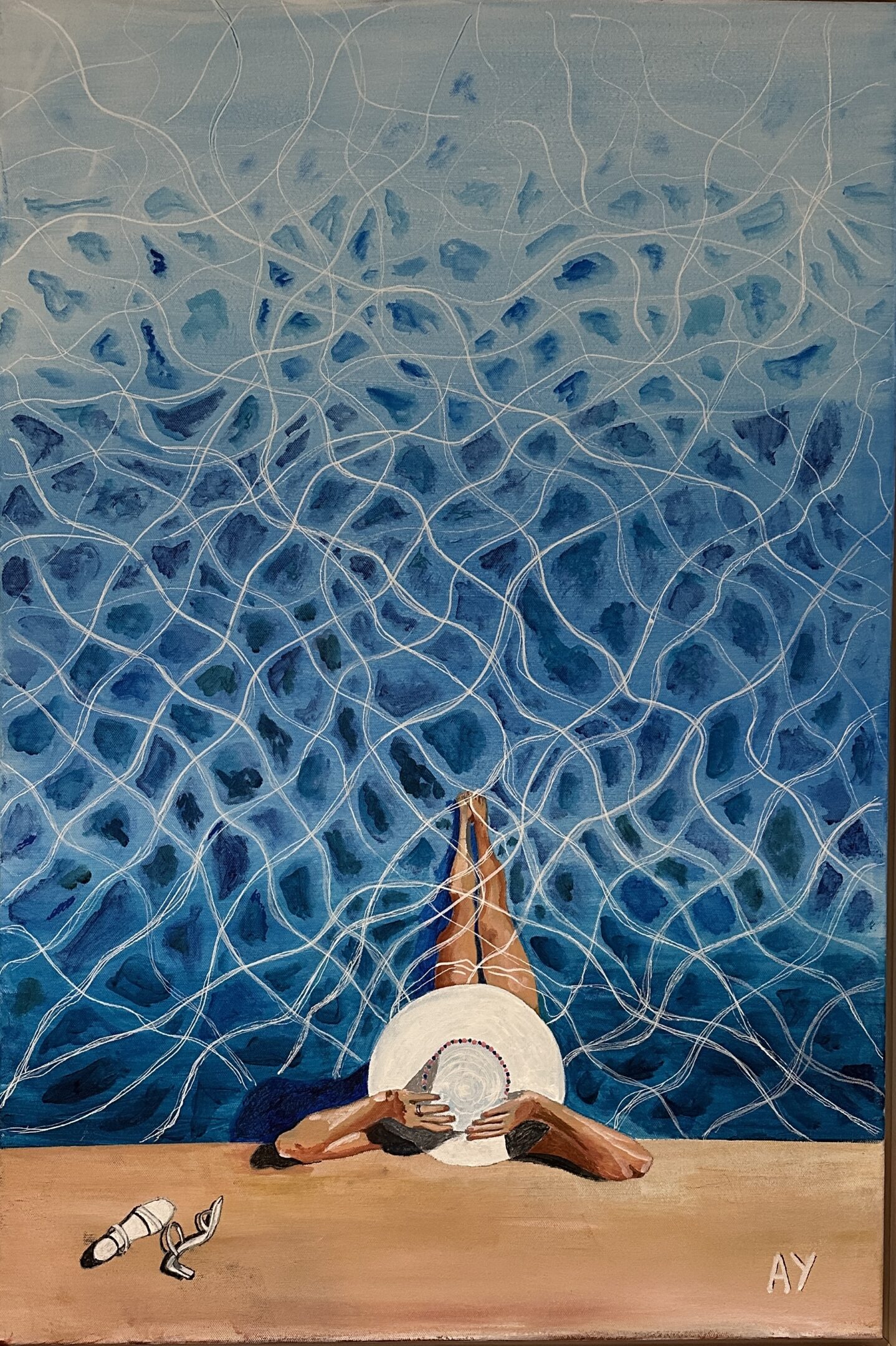 Abstract artwork with a network of white, flowing lines over a blue background and a central brown and white shape.