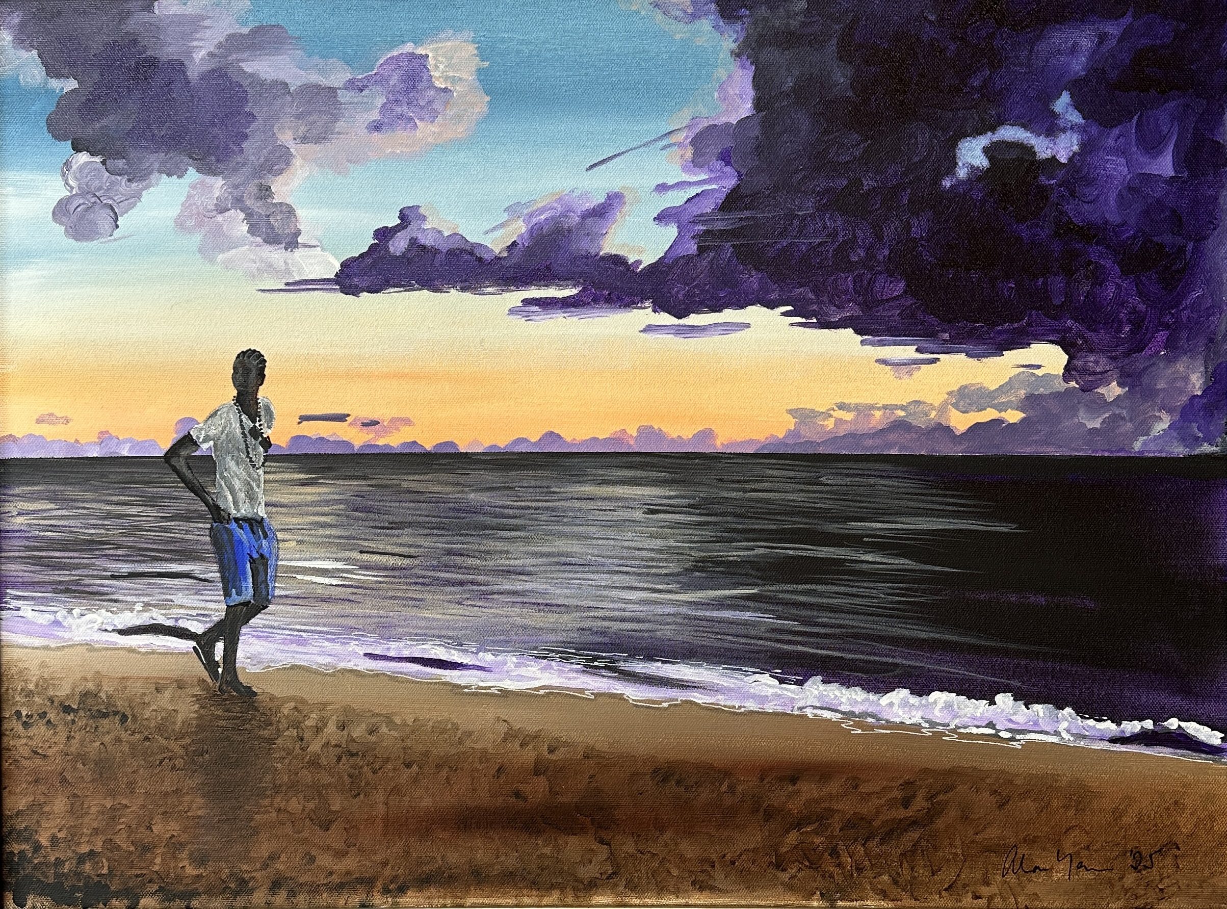 A person stands on the beach at sunset under a dramatic sky.