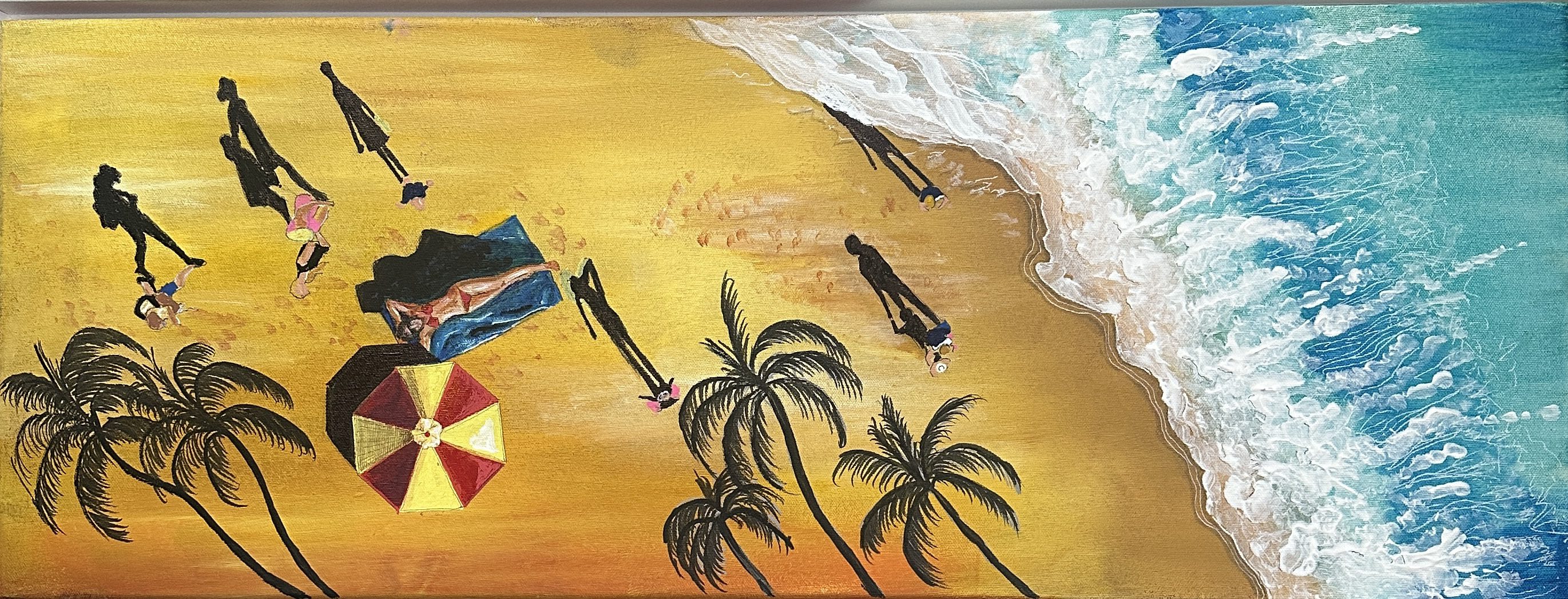 A beach scene with palm trees, people, and waves on sand art.