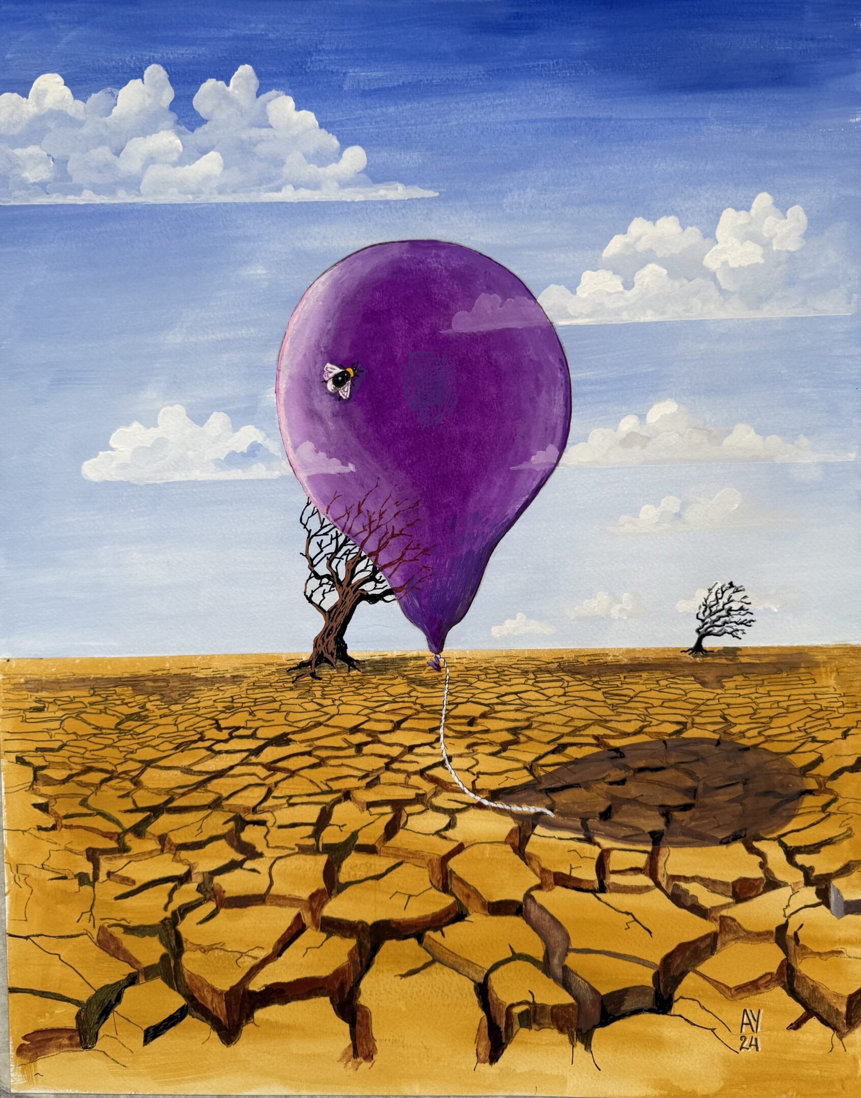 A tree holding up a large purple balloon in a cracked dry landscape.
