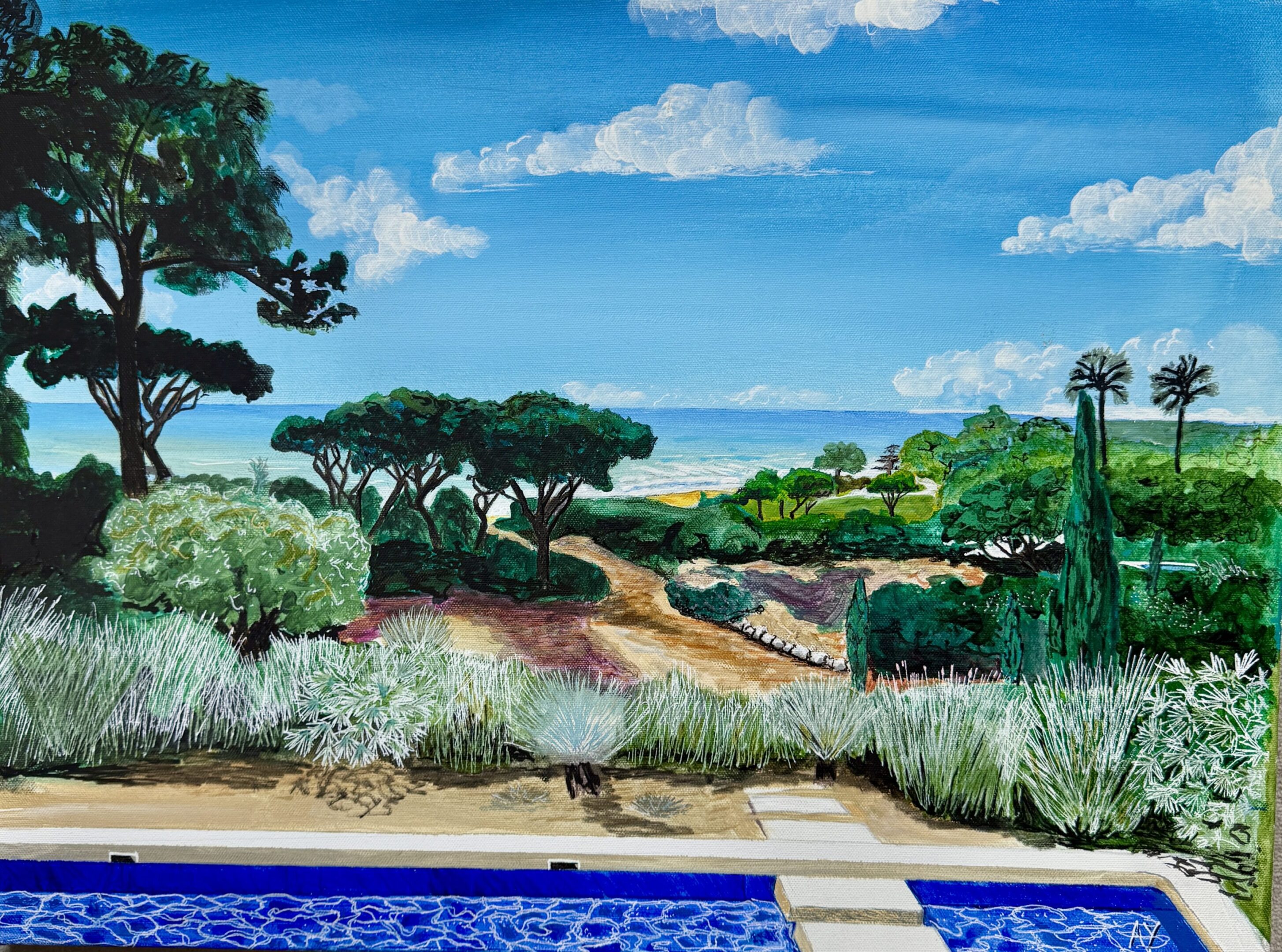 A serene poolside view with lush greenery and a bright blue sky.