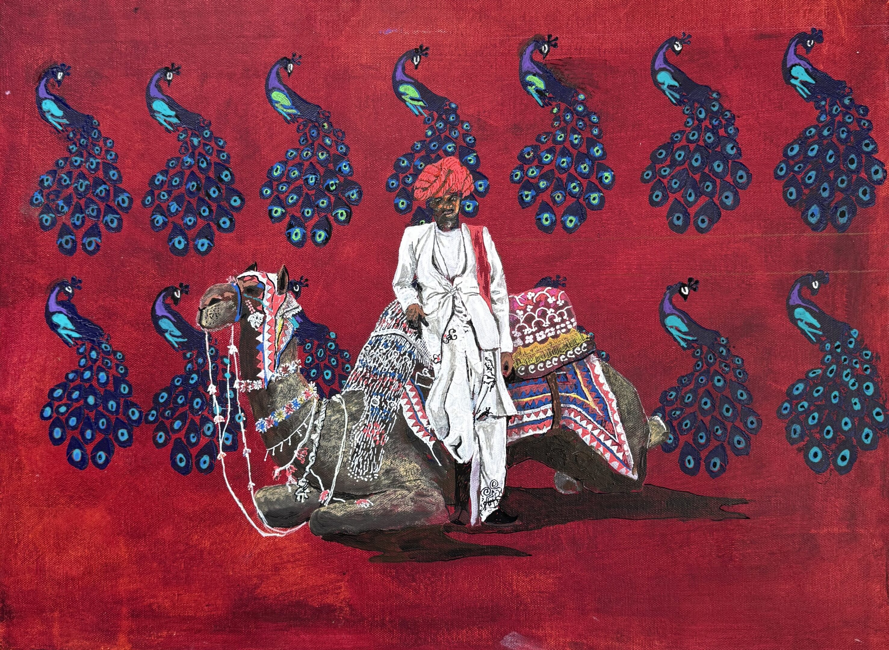 Traditional painting of a man on a decorated camel against a red backdrop.