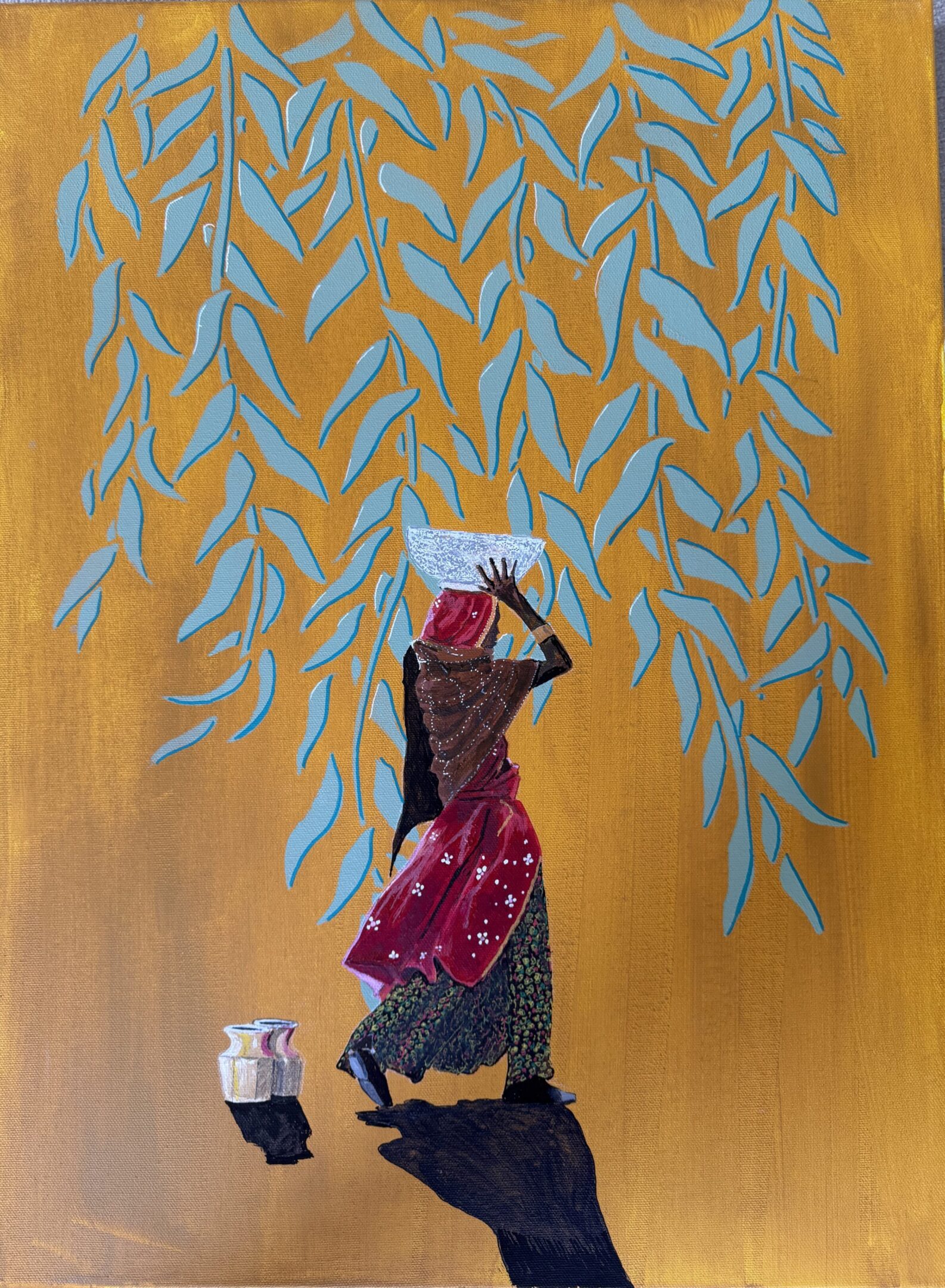 A figurine of a woman in traditional attire carrying a basket on her head.