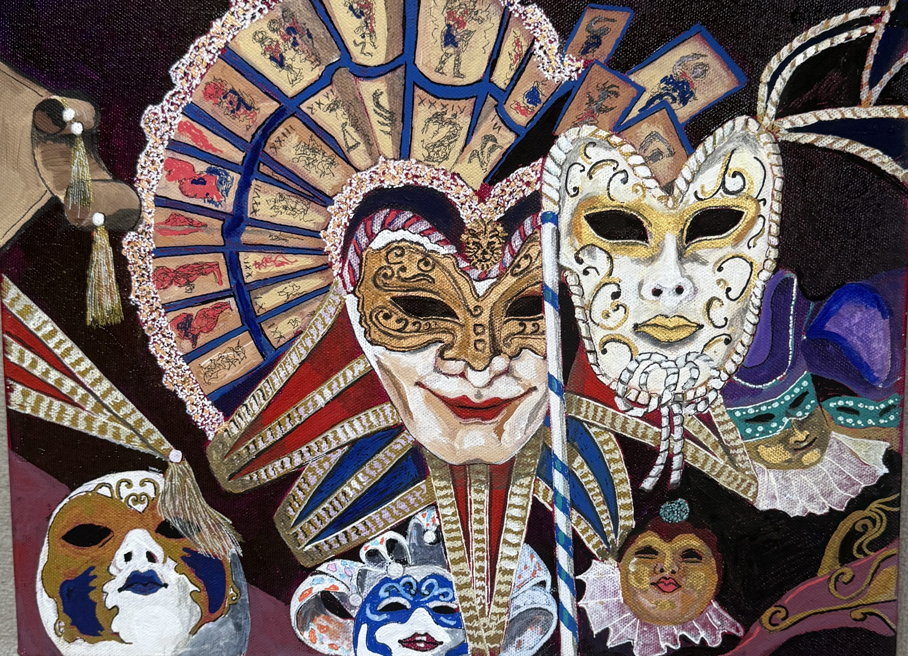 Colorful Venetian masks with intricate designs and feathers.