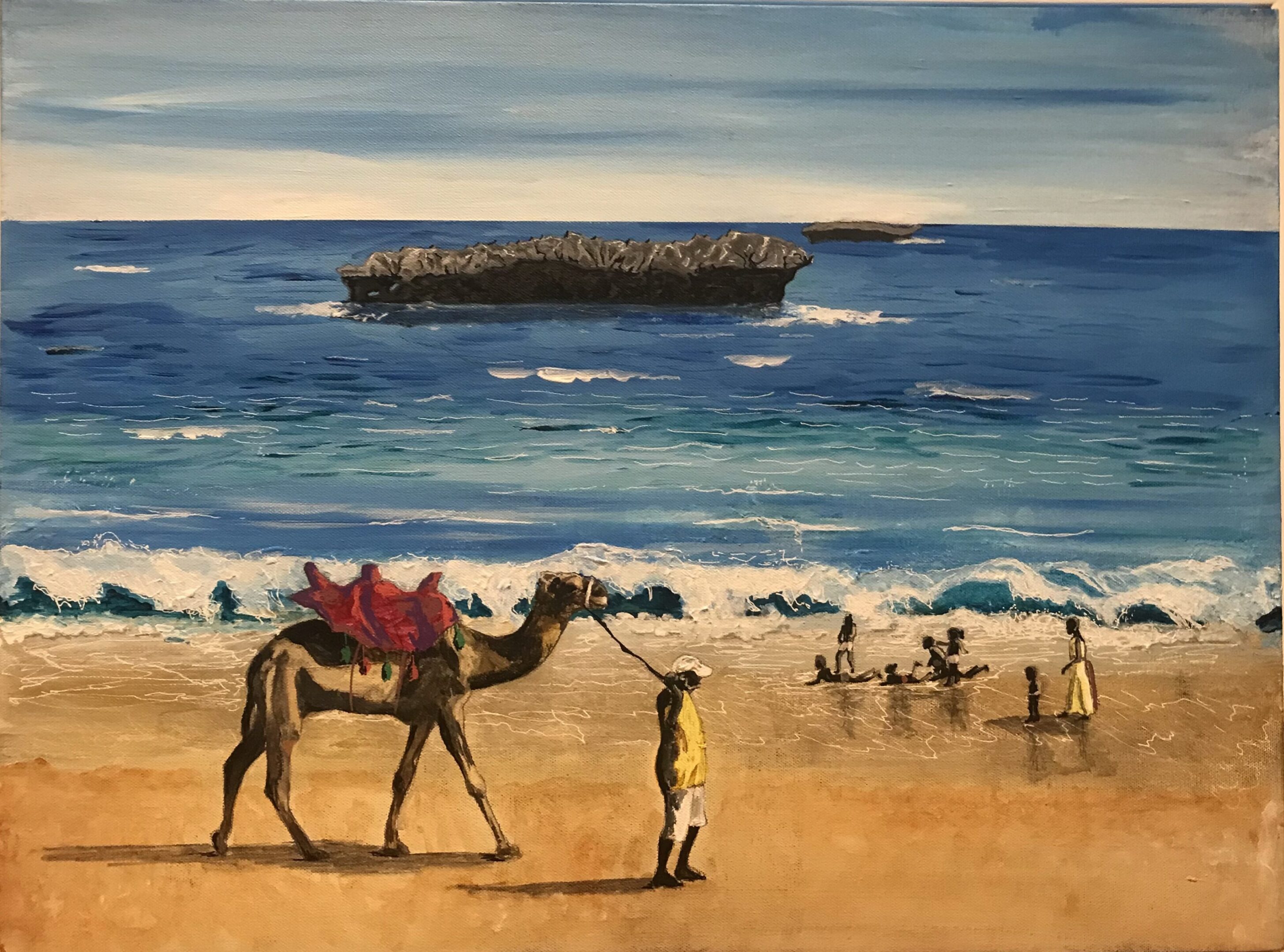 A camel and a boy on a beach with a shipwreck in the sea.