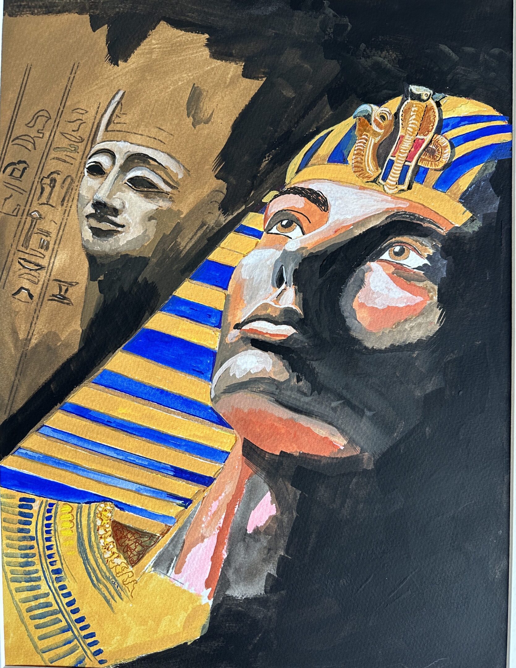 Artistic portrait of an Egyptian pharaoh with a blue and gold headdress.