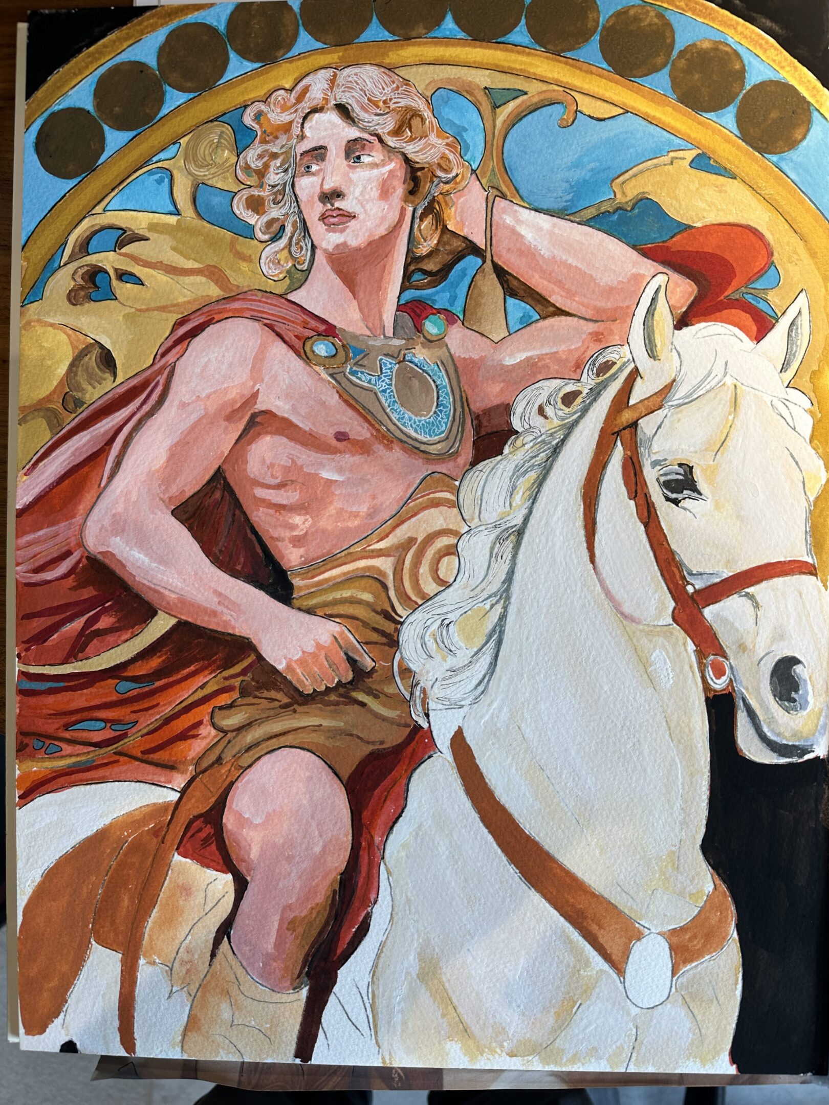 A classical-style painting of a man on a white horse with a vibrant background.