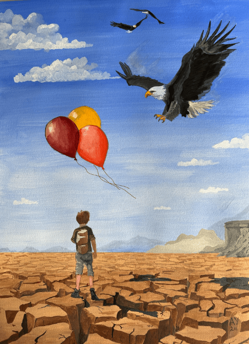 A child watches an eagle fly over a cracked, dry landscape with balloons.