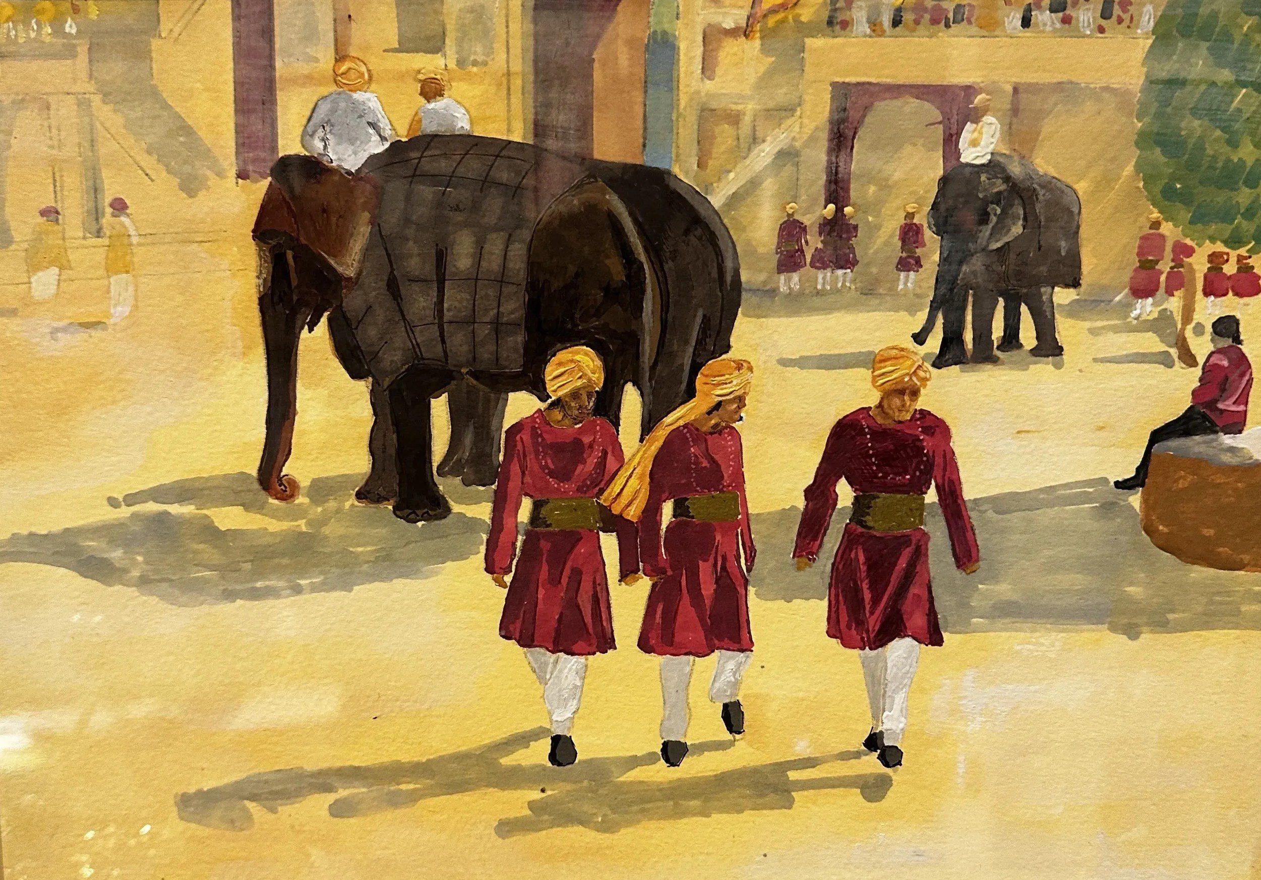 Two children walk near elephants in a sunlit, warm-toned setting.
