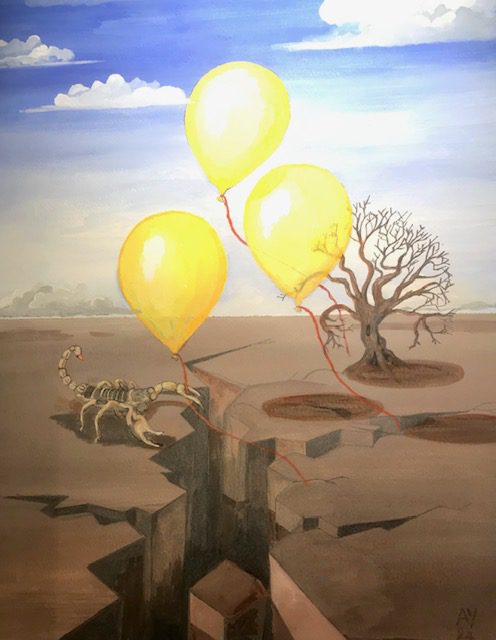 Yellow balloons float over a cracked desert landscape with a barren tree.